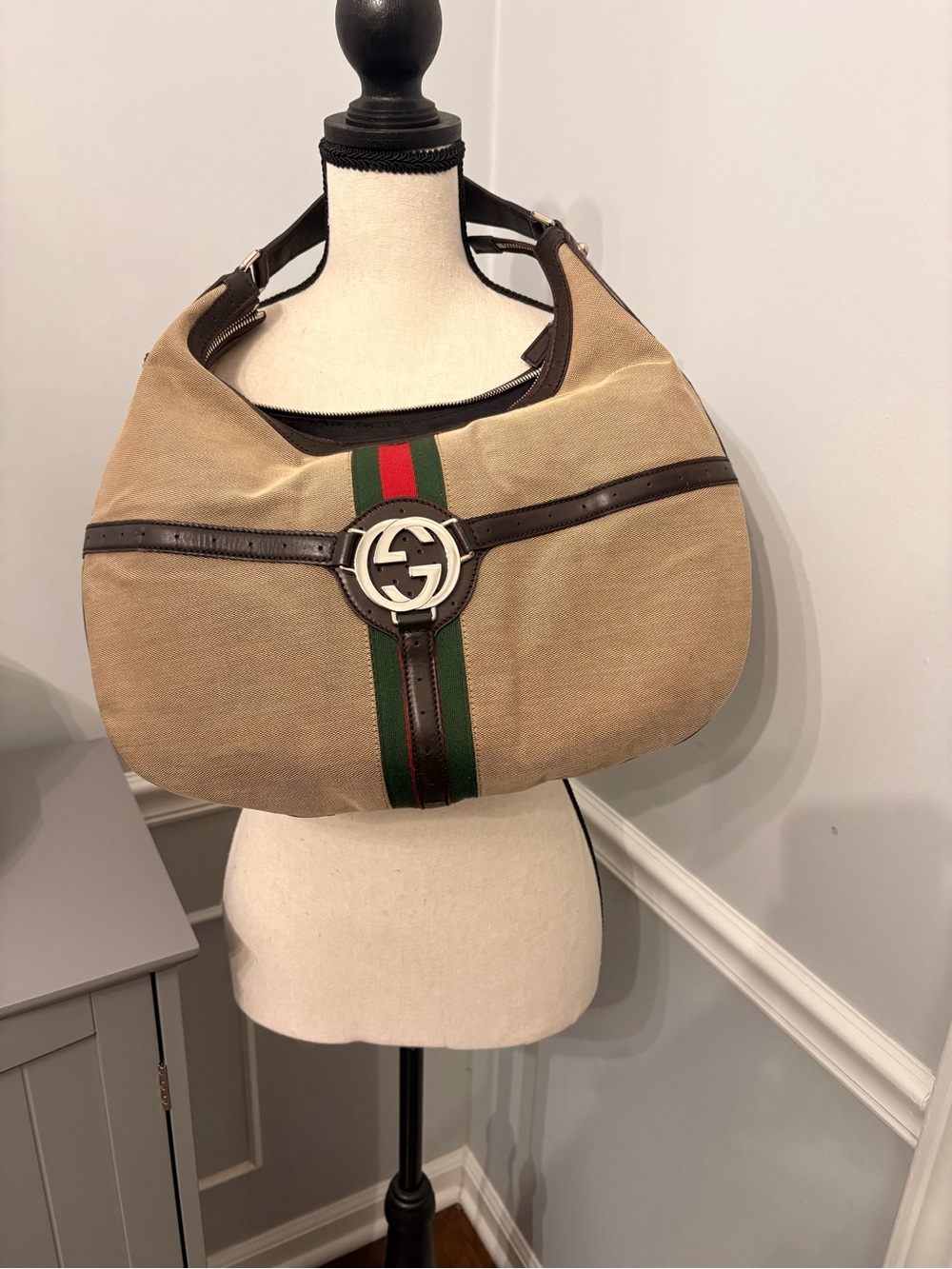Gucci Beige Canvas Hobo Bag with Red & Green Stripe